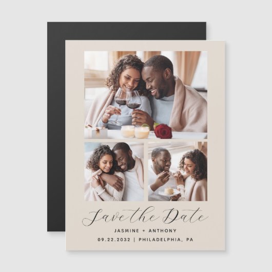 Minimalistische 3-Foto Collage Beige Bewaar de dat Magnetische Uitnodiging (Voorkant / Achterkant)