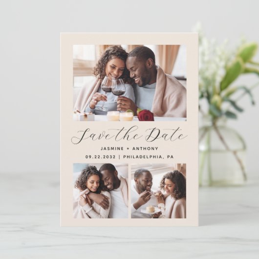 Minimalistische 3-foto collage beige save the date (Staand voorkant)