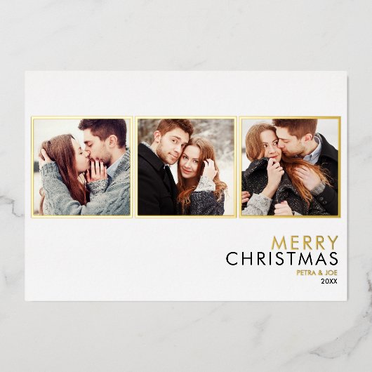 Minimalistische 3 foto collage Kerst Goud Folie Feestdagenkaart (Voorkant)
