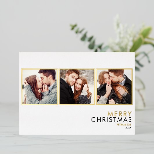 Minimalistische 3 foto collage Kerst Goud Folie Feestdagenkaart (Staand Voorkant)