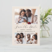 Minimalistische 3-foto-collage QR-code Beige Save The Date (Staand voorkant)