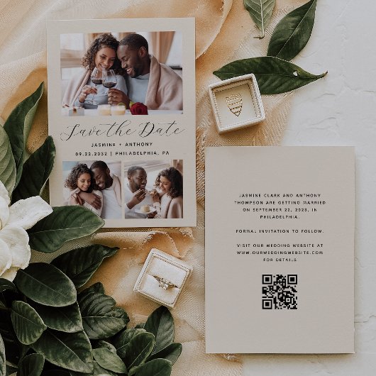 Minimalistische 3-foto-collage QR-code Beige Save The Date