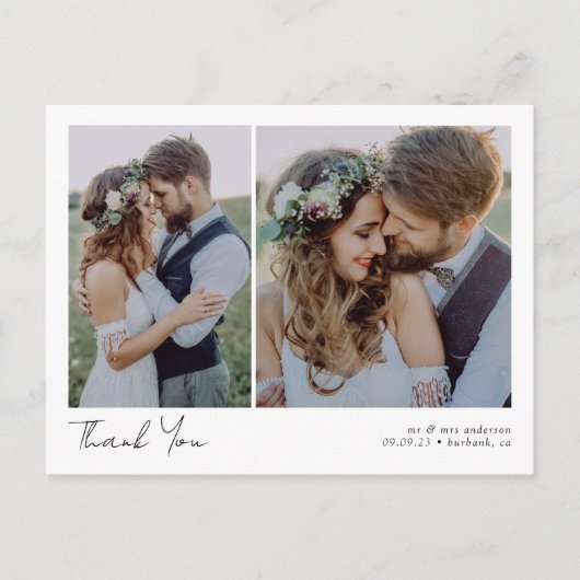 Minimalistische 3 foto kalligrafie bruiloft Dank u Briefkaart (Voorkant)