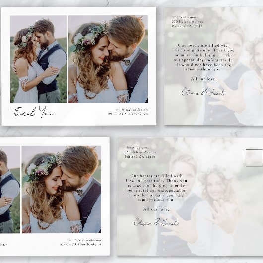 Minimalistische 3 foto kalligrafie bruiloft Dank u Briefkaart