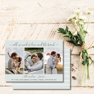 Minimalistische 3 foto strand bruiloft Save the Da Date