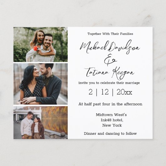 minimalistische 3 foto's collage bruiloft uitnodig (Voorkant)
