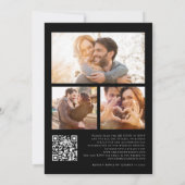 Minimalistische 3 Foto's QR Code Wit op Black Wedd Kaart (Achterkant)