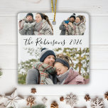 Minimalistische 3 Paar Foto Collage Kerstmis Keramisch Ornament<br><div class="desc">Moderne Eenvoudige Elegante Kalligrafie Zwart Wit 3 Paar Foto Collage Vrolijk Kerstscript Keramisch Ornament. Dit feestelijke, minimalistische, grillige drie foto vakantie Ornament beschikt over een grid foto collage en familienaam en jaar! De familienaam is geschreven in een met de hand geletterd wervelend lettertypescript in zwart op een witte achtergrond. Op...</div>
