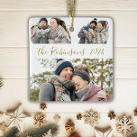 Minimalistische 3 Paar Foto Collage Kerstmis Keramisch Ornament<br><div class="desc">Moderne Eenvoudige Elegante Kalligrafie Goud Wit 3 Paar Fotocollage Vrolijk Kerstscript Keramisch Ornament. Dit feestelijke, minimalistische, grillige drie foto vakantie Ornament beschikt over een grid foto collage en familienaam en jaar! De familienaam is geschreven in een met de hand geletterd wervelend lettertypescript in goud op een witte achtergrond. Op de...</div>