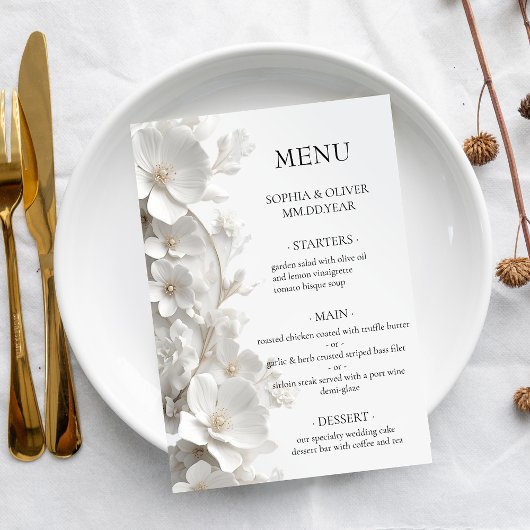 Minimalistische 3D Witte Bloem Luxe Elegante Trouw Menu