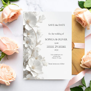 Minimalistische 3D Witte Bloem Luxe Save the Date
