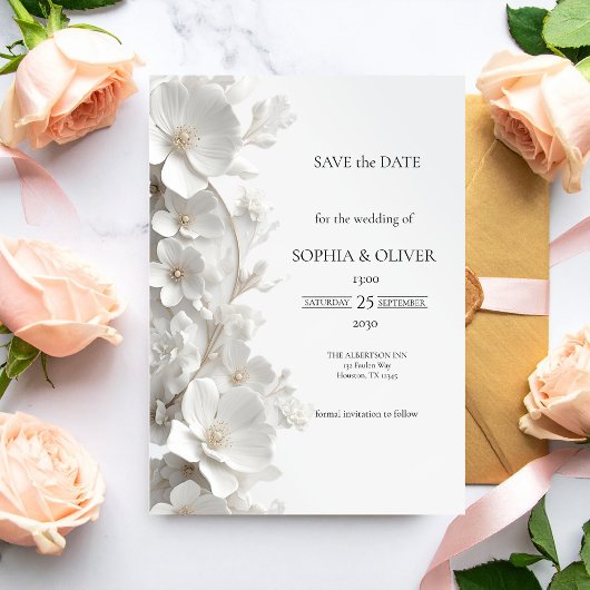 Minimalistische 3D Witte Bloem Luxe Save the Date