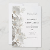 Minimalistische 3D Witte Bloem Luxe Save the Date (Voorkant)