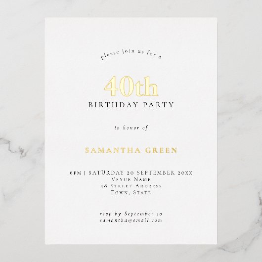 Minimalistische 40e verjaardag Echte glam Folie Uitnodiging Briefkaart (Voorkant)