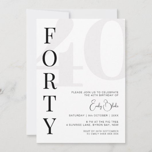 Minimalistische 40ste Uitnodiging voor verjaardags (Voorkant)
