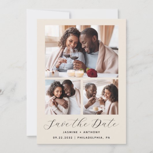 Minimalistische 4-foto beige save the date (Voorkant)