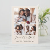 Minimalistische 4-foto beige save the date (Staand voorkant)