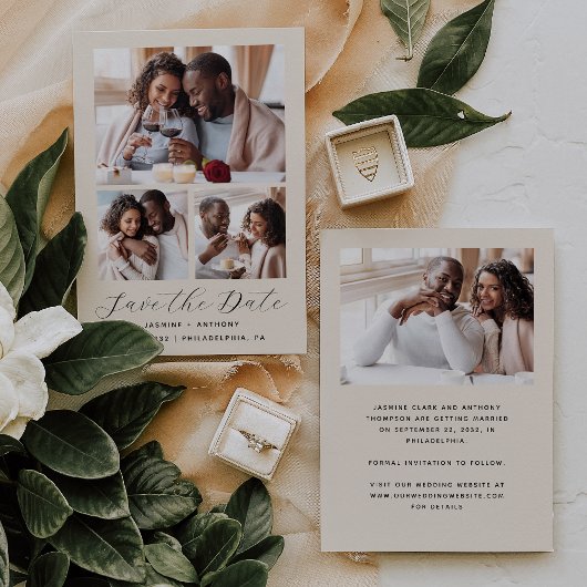 Minimalistische 4-foto beige save the date