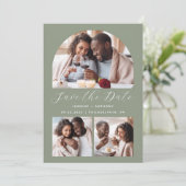 Minimalistische 4-foto boog Sage Green Save The Date (Staand voorkant)