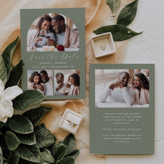 Minimalistische 4-foto boog Sage Green Save The Date