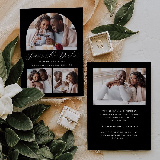 Minimalistische 4-foto boog zwart-wit save the date