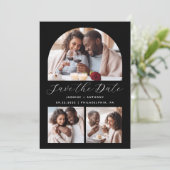 Minimalistische 4-foto boog zwart-wit save the date (Staand voorkant)