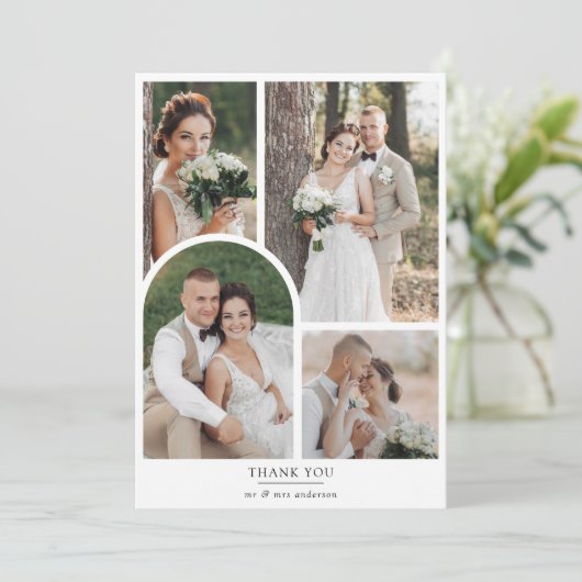 Minimalistische 5 foto boog bruiloft bedankkaart (Staand voorkant)