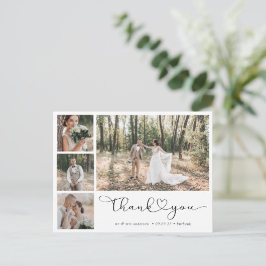 Minimalistische 5 Foto Calligrafie Huwelijk Bedank Briefkaart (Staand voorkant)