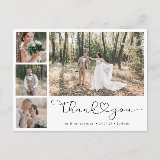 Minimalistische 5 Foto Calligrafie Huwelijk Bedank Briefkaart (Voorkant)