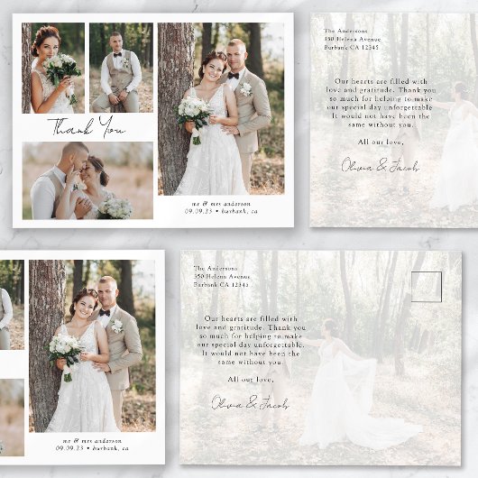 Minimalistische 5 Foto Calligrafie Huwelijk Bedank Briefkaart