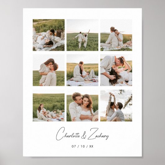 Minimalistische 9 foto collage trouwdag paar aange poster (Voorkant)