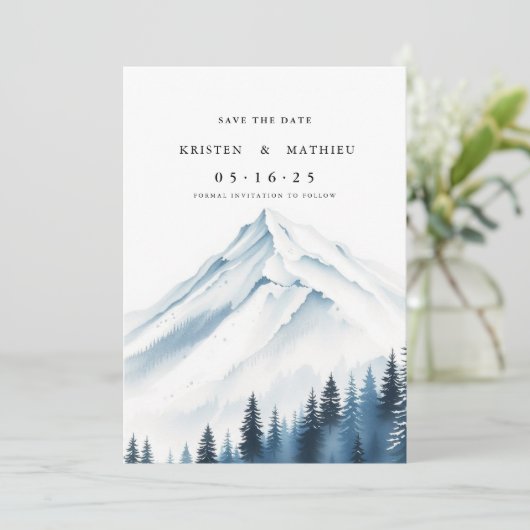 Minimalistische aangepaste berg save the date (Staand voorkant)