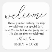 Minimalistische aangepaste bruiloft welkomsttas vierkante sticker (Voorkant)