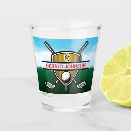 Minimalistische Aangepaste Elegante Golf Monogram Shot Glas (Voorkant)