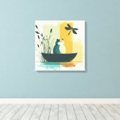 Minimalistische Abstracte Lake Chubby White Cat Ca Canvas Afdruk (Insitu (Houten vloer))