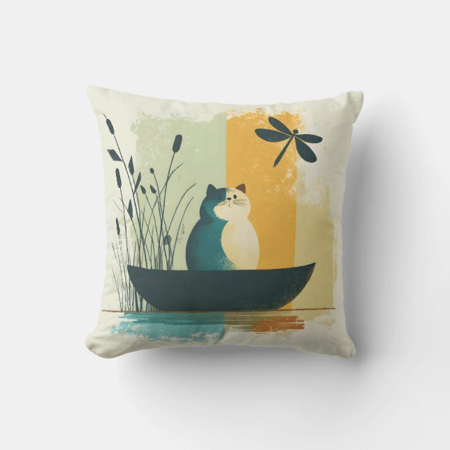 Minimalistische Abstracte Lake Chubby White Cat Ca Kussen (Voorkant)
