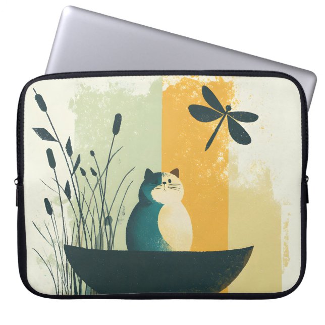 Minimalistische Abstracte Lake Chubby White Cat Ca Laptop Sleeve (Voorkant)