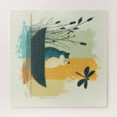 Minimalistische Abstracte Lake Chubby White Cat Ca Legpuzzel (Horizontaal)