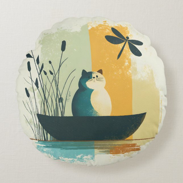 Minimalistische Abstracte Lake Chubby White Cat Ca Rond Kussen (Voorkant)