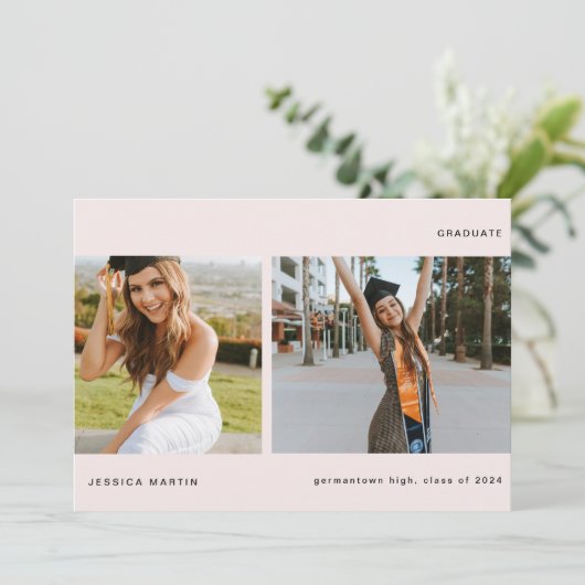 Minimalistische afstudeeraankondiging met twee fot kaart (Staand voorkant)