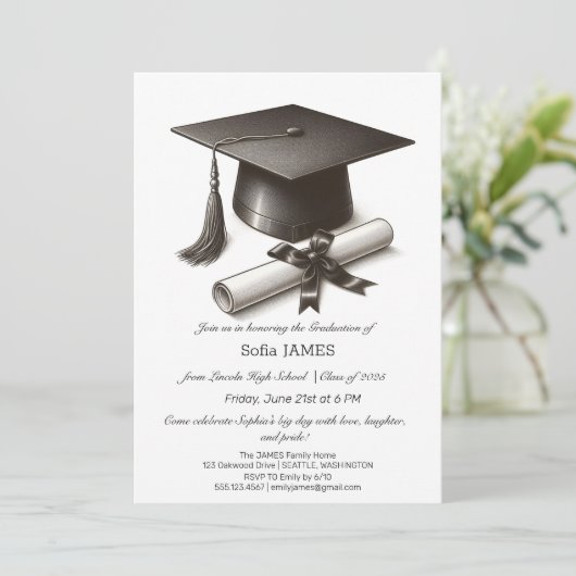 Minimalistische afstudeerfeest uitnodiging met zwa (Staand voorkant)