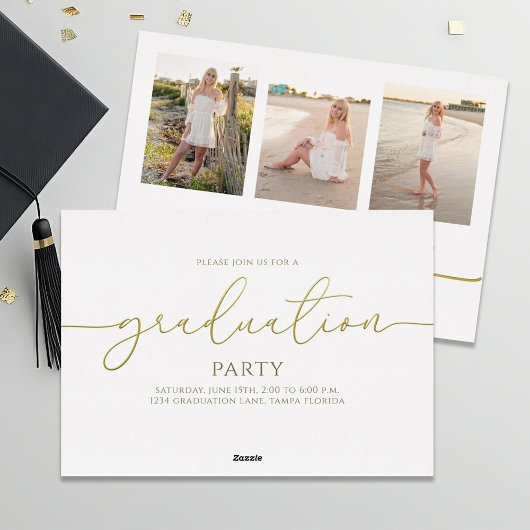 Minimalistische Afstuderen Gold Script-fotocollage Folie Uitnodiging