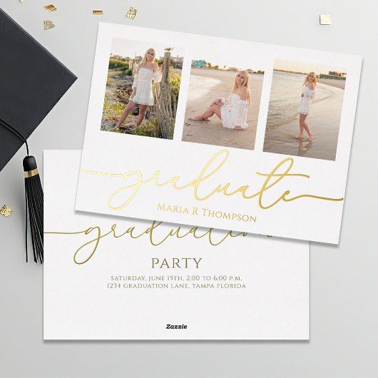 Minimalistische Afstuderen Gold Script-fotocollage Folie Uitnodiging
