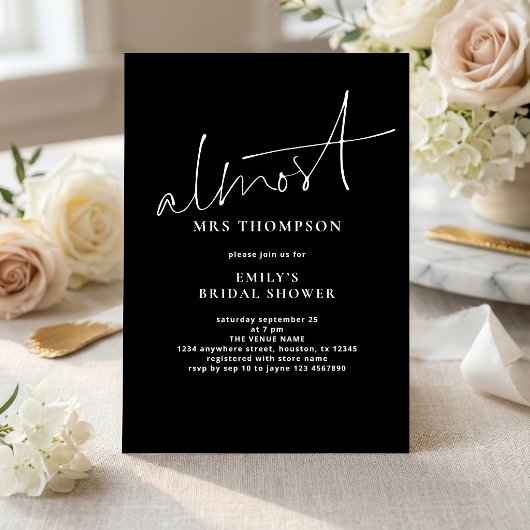 Minimalistische Almost Mrs Black Bruidsdouche Kaart