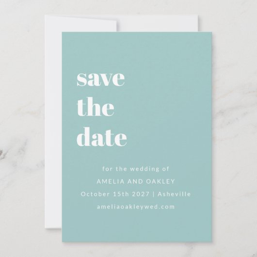 Minimalistische Aqua Blue Retro Eenvoudige Trouwfo Save The Date (Voorkant)