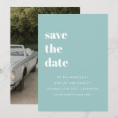 Minimalistische Aqua Blue Retro Eenvoudige Trouwfo Save The Date (Voorkant / Achterkant)