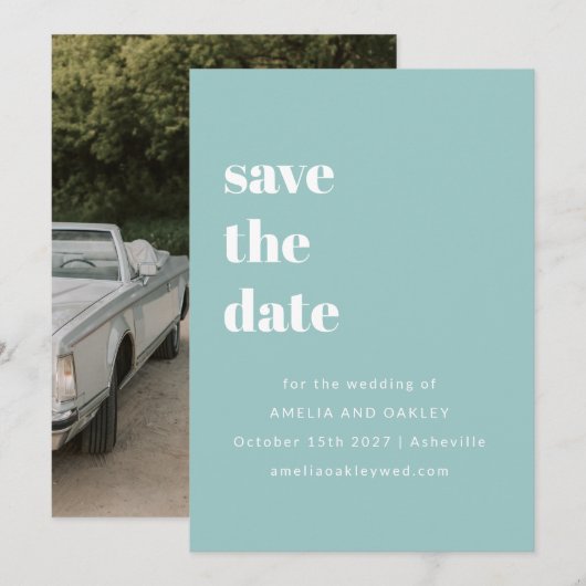 Minimalistische Aqua Blue Retro Eenvoudige Trouwfo Save The Date (Voorkant / Achterkant)
