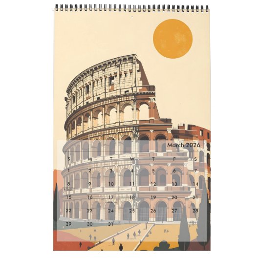 Minimalistische architectonische bezienswaardighed kalender (Mar 2026)