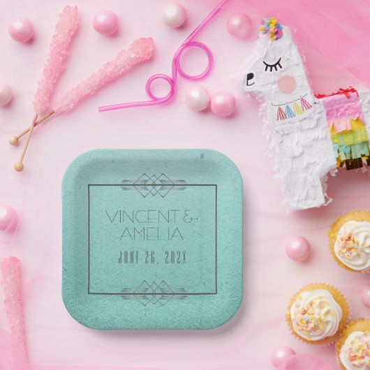 Minimalistische Art Deco Blue Custom Wedding Papieren Bordje (Feest)