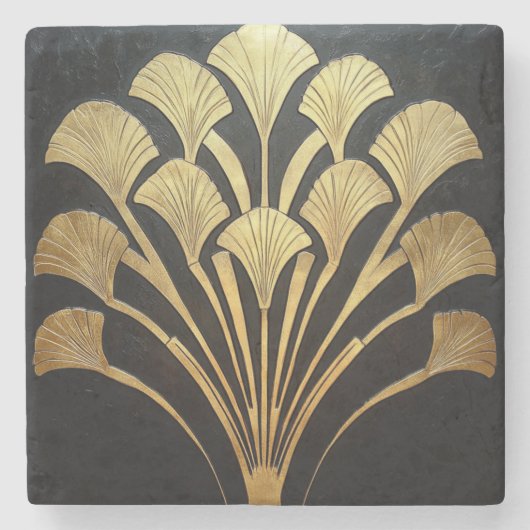 Minimalistische Art Deco Sunburst Zwart en Goud Stenen Onderzetter (Voorkant)
